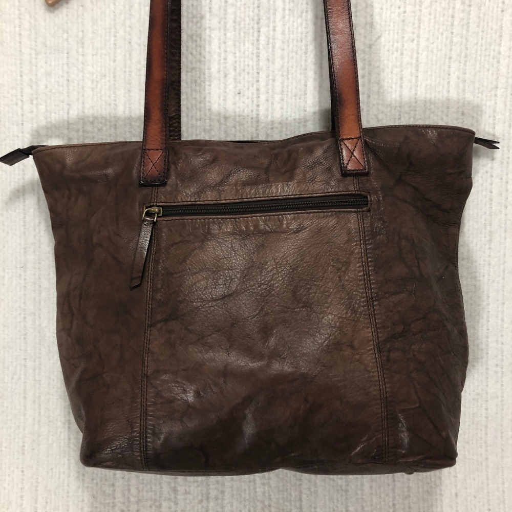 Dark Brown Pebbled Leather Tote Bag Zip Top Shoulder Bag with Cognac Straps